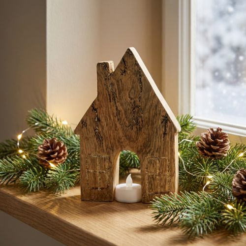 Artikel Holzhaus Deko Weihnachtshaus aus Mangoholz mit Glitzer H15cm Natur-Gold
