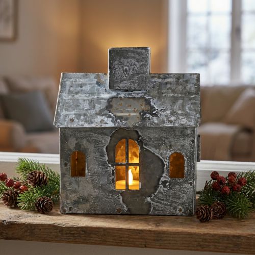 Windlicht Lichthaus Metall Shabby Chic Weiss Grau Rost, H 11 cm | Floristik24.ch