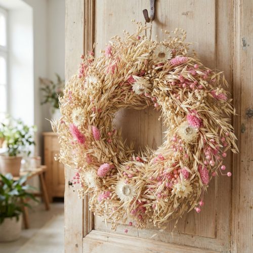 Dekokranz Hafer Natur Ø29cm mit rosa Strohblumen für Tisch- und Wanddekoration | Floristik24.ch