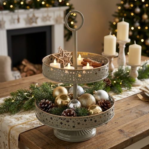Artikel Etagere aus Metall mit Sternmotiv und Griff zweistöckig 49 cm Mint und Golden