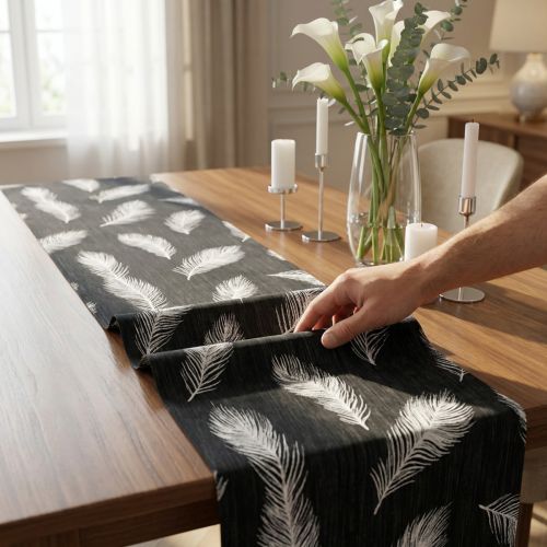 Tischläufer Organzastoff Federmuster 30cm x 500cm Schwarz-Weiss für Innenbereich | Floristik24.ch