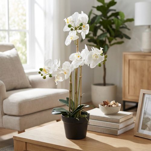 Artikel Künstliche Orchidee im schwarzen Topf 60 cm weiss