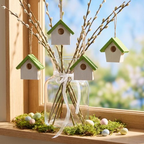Hängedeko 8er-Set Mini-Nistkasten aus Holz 6,5 cm Weiss-Grün mit Juteband | Floristik24.ch