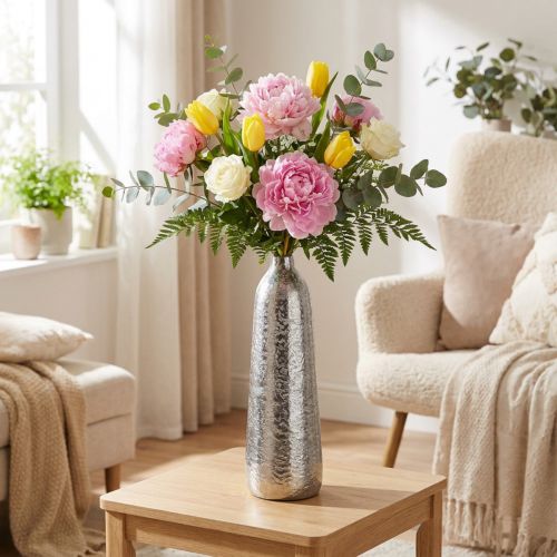 Deko Vase aus Metall, gehämmert, Silber, Ø 9,5 cm, H 32 cm | Floristik24.ch