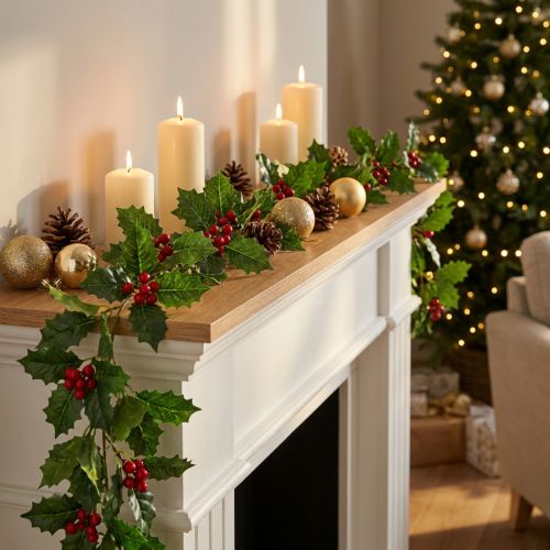 Weihnachtsgirlande künstliche Stechpalme Ilex 160 cm rot-grün Kunststoff | Floristik24.ch