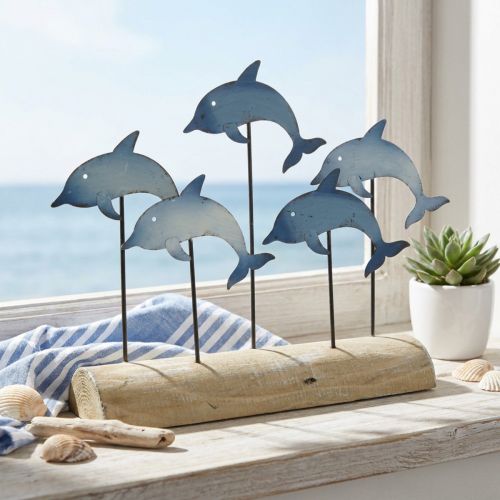 Dekoration Delfine aus Metall mit Holzfuss, 24,5 x 32,5 cm, Blau-Weiss | Floristik24.ch