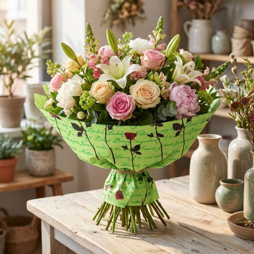 Manschettenpapier Grün mit Rosenmotiv 25cm x 100m für Blumensträusse | Floristik24.ch