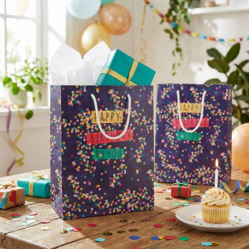 Artikel Geschenktüte aus Papier „Happy Birthday“ mit Konfetti-Motiv 18×10×23 cm, 2 Stück, lila