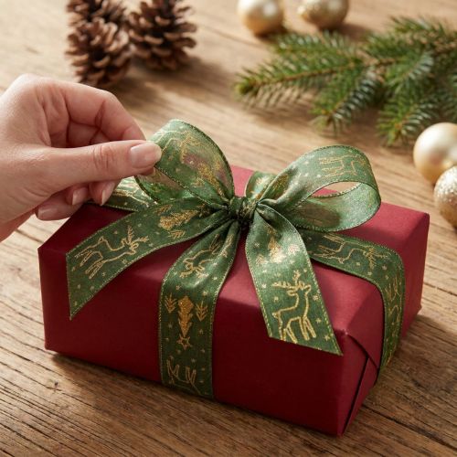Artikel Geschenkband mit Drahtkante Rentier Grün Gold 25mm x 18m