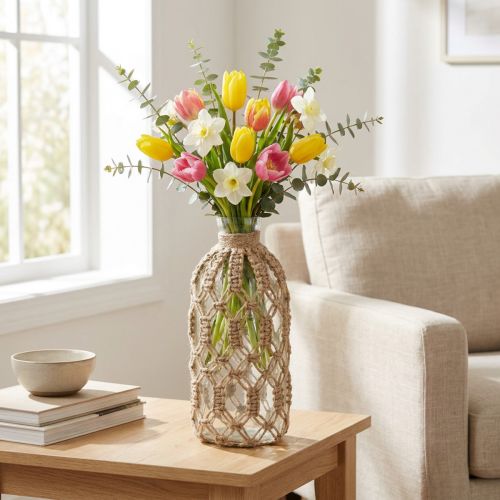 Glasvase mit Makramee-Netz aus Jute, Natur, Ø10,5cm, H26cm | Floristik24.ch