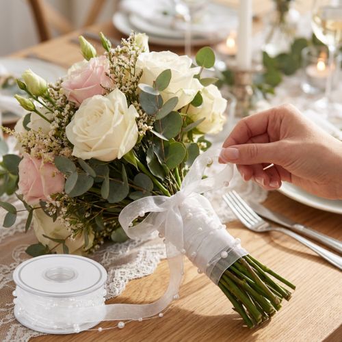Organza-Hochzeitsband mit Perlen, 20 mm x 5 m, Weiss | Floristik24.ch