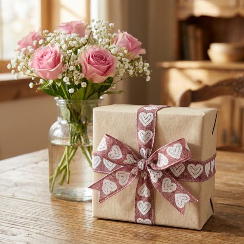 Geschenkband aus Polyester mit Herzmotiv, Dekoband 15mm x 15m, Braun und Weinrot | Floristik24.ch