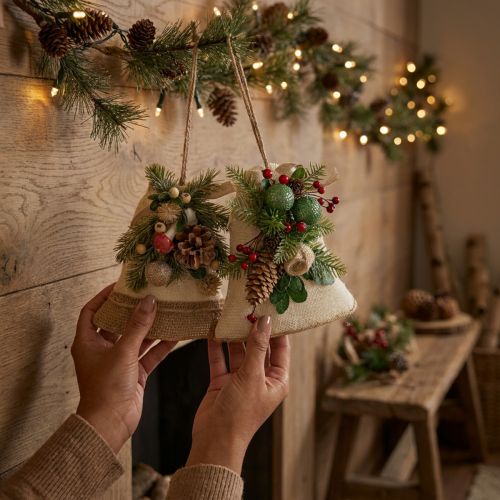Weihnachtsglocken Wanddekoration aus Jute mit Tannenzweigen und Zapfen 20 cm | Floristik24.ch
