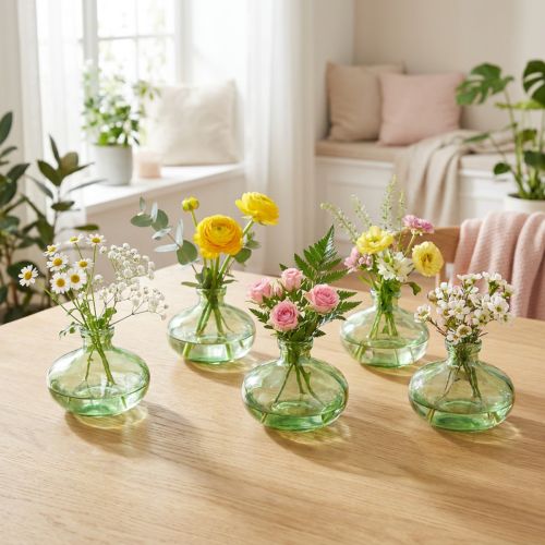 Artikel Bauchige Minivase aus grünem Glas Ø9cm H6cm – Set aus 6 Stück für vielseitige Dekoration