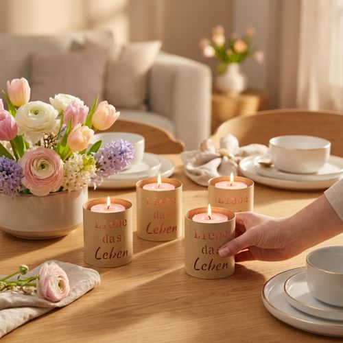 Windlicht Metall Liebe das Leben Beige Gold Ø9cm H10cm 4er-Set | Floristik24.ch