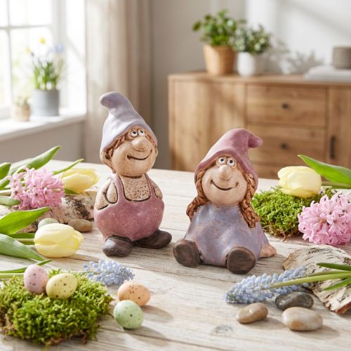 Artikel Wichteldeko aus Keramik - Paar Junge & Mädchen, Lila und Rosa, H10/14cm