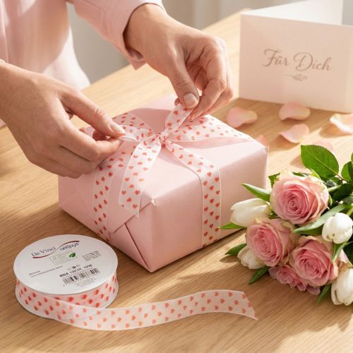 Artikel Geschenkband Polyester Herzmotiv Weiss Rot 2,5 cm x 15 m für Verpackung und Dekoration