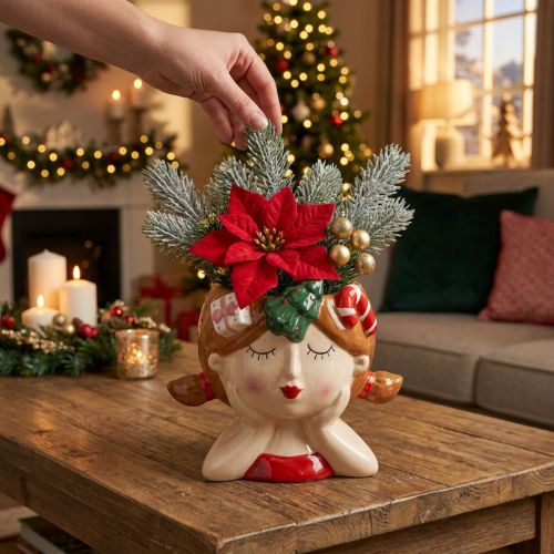 Artikel Pflanzkopf aus Keramik Mädchenfigur H17cm mit Weihnachtsdetails
