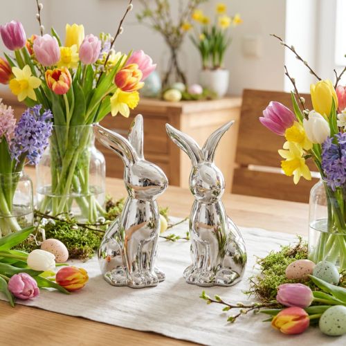 Dekofigur Osterhase Keramik sitzend 18cm silber glänzend 2 Stück | Floristik24.ch