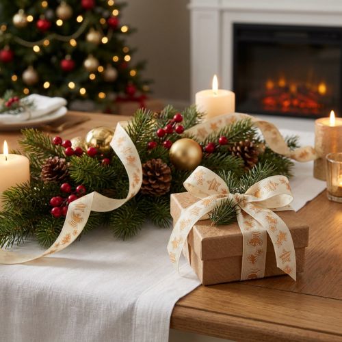Artikel Weihnachtsgeschenkband aus recyceltem PET, Creme mit Honigkuchen-Motiv, 25 mm x 15 m