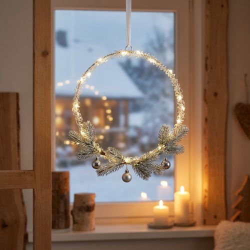 Artikel LED-Ring Metall-Deko Silber 30cm Warmweiss Batterie