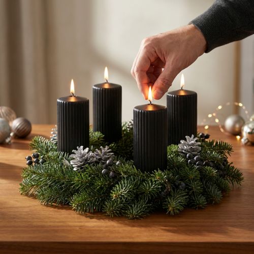 Schwarze Wachs-Stumpenkerzen mit Rillen 130x70mm, 4er-Set für Advent und Dekoration | Floristik24.ch