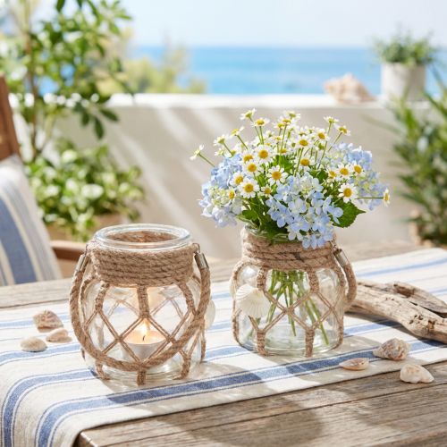 Artikel Dekogläser mit Makramee und Muscheln, maritim, Ø 11 cm, H 12,5 cm, 2er Set