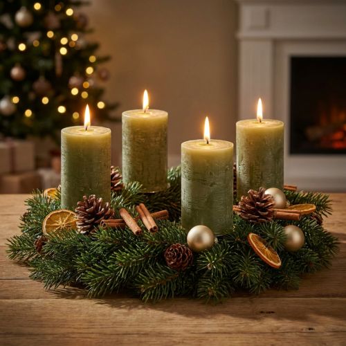 Olivgrüne durchgefärbte Stumpenkerzen Wachs 60×80 mm 4er-Set für Dekoration und Adventskranz | Floristik24.ch