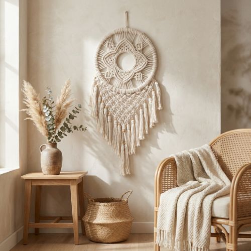 Makramee Traumfänger Wandbehang Creme 29×72cm Handgefertigt aus Baumwolle | Floristik24.ch