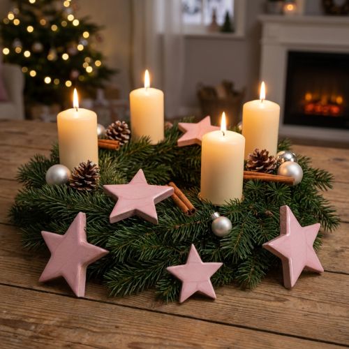 Artikel Holzsterne Deko Ø5cm Rosa Glanz 8 Stück für Weihnachtsdekoration