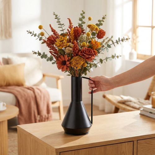 Deko Vase Metall Schwarz 19,5 x 38,5 cm mit Henkel für Trocken- und Kunstblumen | Floristik24.ch