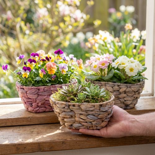 Ovaler Pflanzkorb aus Seegras mit Folie, 20,5 cm, 3er-Set in Beige, Rosa, Weiss | Floristik24.ch
