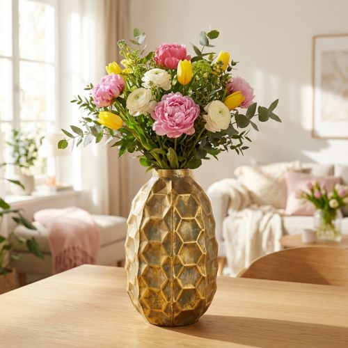 Vintage Metallvase mit Wabenmuster in Antikgold Ø23cm H39cm | Floristik24.ch