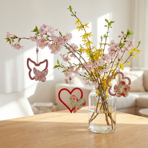 Holzanhänger Set, Schmetterling Herz Blume, Blumenmuster, 8,5-9,5 cm, 6-teilig | Floristik24.ch