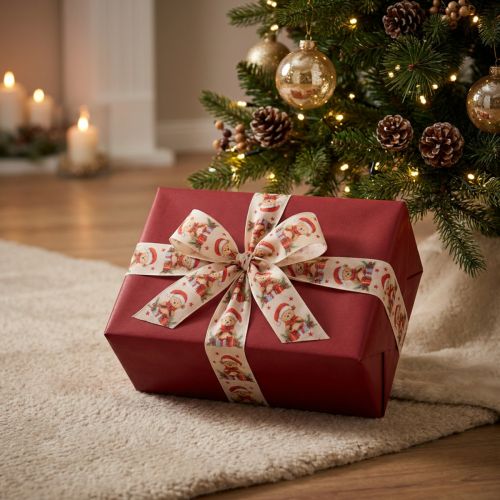 Artikel Geschenkband aus Stoff mit Bärenmotiv 40mm x 15m in Creme, Rot und Grün für Weihnachtsdekoration