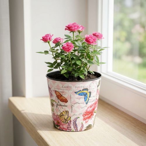 Artikel Blumentopf Kunststoff 10,5 cm Rosa mit Blumen- und Schmetterlingsmotiv