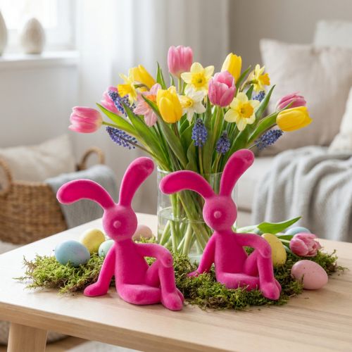 Deko Hase sitzend 22cm aus Kunststoff mit samtiger Oberfläche in Pink, 2 Stück für Wohn- und Bürodekoration | Floristik24.ch