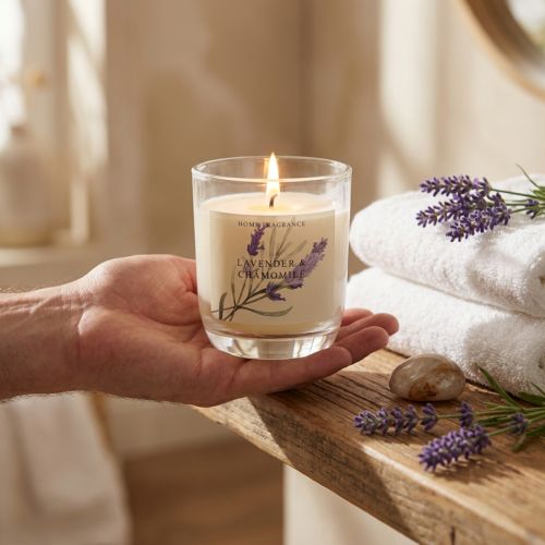 Artikel Duftkerze im Glas Lavendel-Kamille, Creme, Ø 7,5 cm, H 8,5 cm