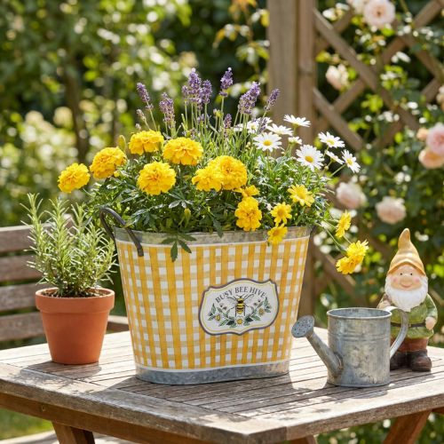 Pflanzkübel oval Metall Bienenmotiv kariert 38×24×29cm gelb-weiss für Balkon und Terrasse | Floristik24.ch