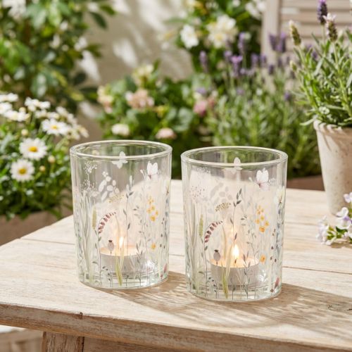 Deko Windlicht Glas mit Schmetterlings- und Blumenmotiv 18 cm 2er-Set | Floristik24.ch