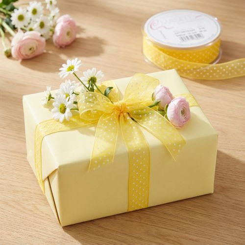 Geschenkband aus Polyester, gelb mit weissen Punkten, 1.5 cm x 20 m, vielseitig einsetzbar, dekorativ | Floristik24.ch