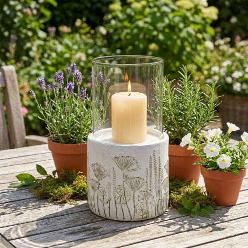 Kerzenständer Windlicht Glas mit Sockel aus Beton Ø17cm H32cm Weiss | Floristik24.ch