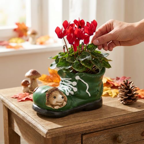 Keramik Übertopf Schuh mit Igelmotiv, Grün, 23x14x13cm, für Innen und Aussen | Floristik24.ch