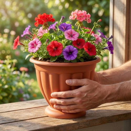 Artikel Topf mit Fuss Ø21cm H18cm aus Kunststoff in Terrakotta-Optik