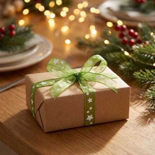 Artikel Organzaband Grün mit Sterndekor 10mm x 20m Polyester für Weihnachtsdekoration, Geschenkverpackung