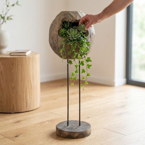 Deko Skulptur aus Paulownia Holz mit Pflanzöffnung H68cm Grau | Floristik24.ch