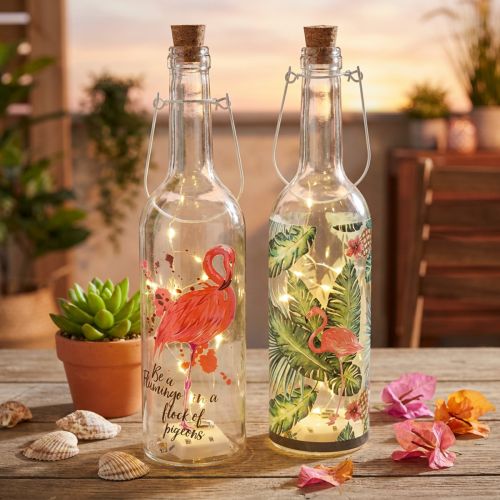 Deko-Flaschen LED Glas Flamingo 37,5 cm Warmweiss 2er-Set | Floristik24.ch