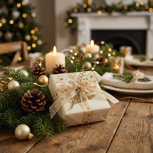 Artikel Organzaband mit Sternenmuster 10mm x 20m Beige Gold für Geschenk- und Weihnachtsdekoration