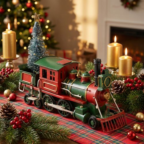 Artikel Metall-Weihnachtszug mit Tanne, grün-rot, 20 cm