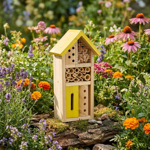 Artikel Insektenhotel aus Holz Gelb H26cm für Garten und Balkon